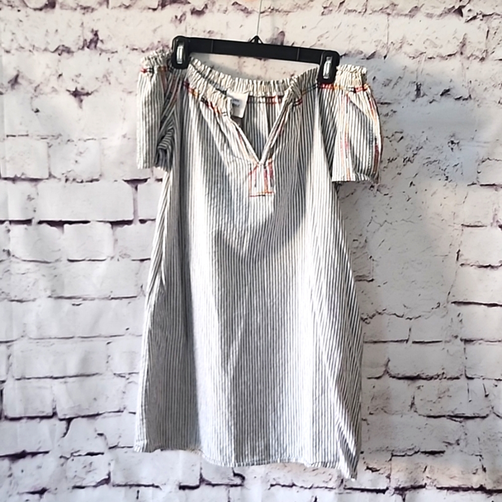 Knox Rose Boho Striped Embroidered Tunic Shift Mini Dress Size XS Split Neck